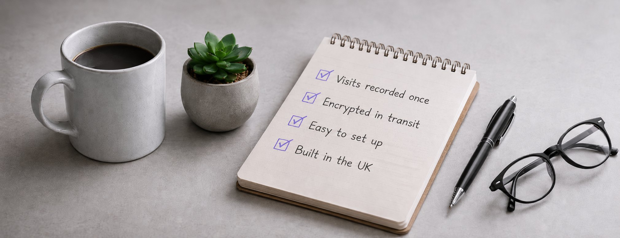 A notepad beside a coffee mug listing: Visits recorded once, Encrypted in transit, Easy to set up, Built in the UK
